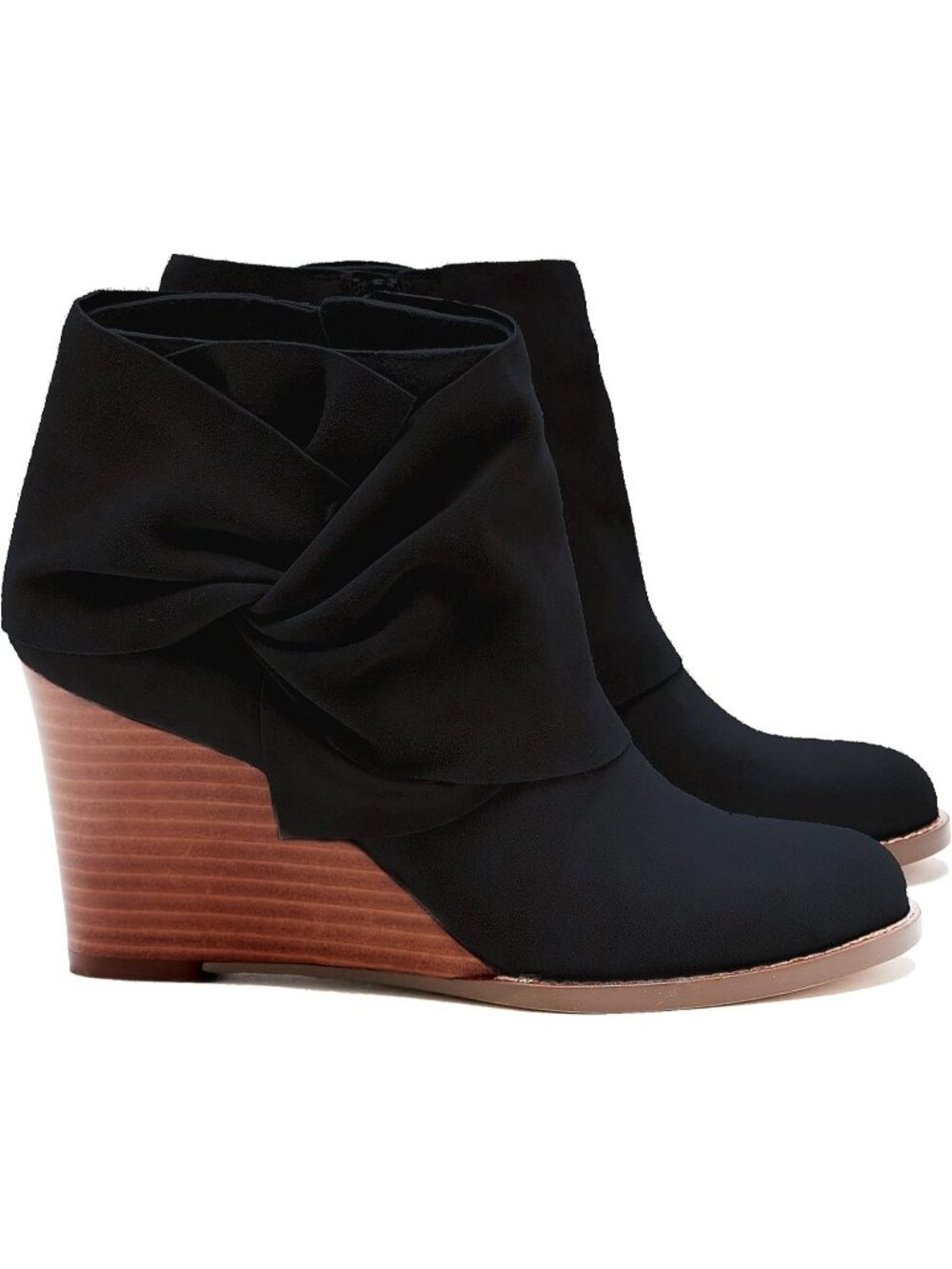Women's Black Bow Knot Stacked Round Toe Casual Wedge Bootie Ankle Heel Shoes